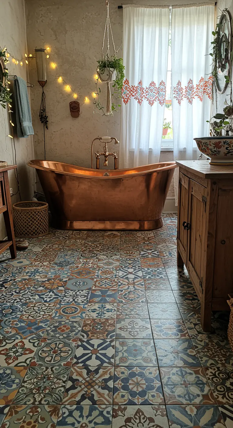 Bohemian badkamer met een patchwork van kleurrijke patroontegels.