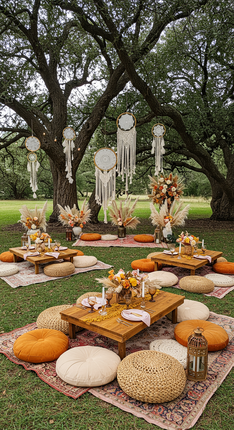 Bohemian picknicksetting in tuin met dromenvangers en lage tafels.