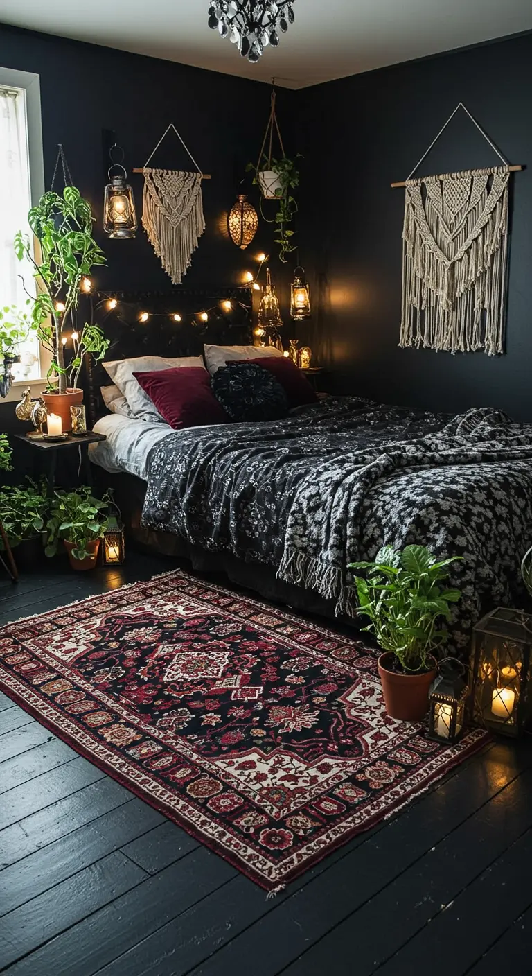 Bohemian slaapkamer met donkere muren, veel planten, macramé en een Perzisch tapijt.