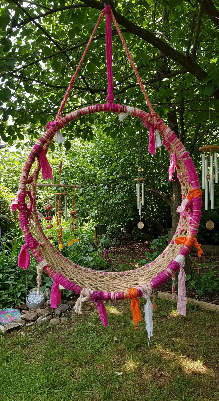 DIY hoepel schommel versierd met roze en oranje stofrepen in een tuin.