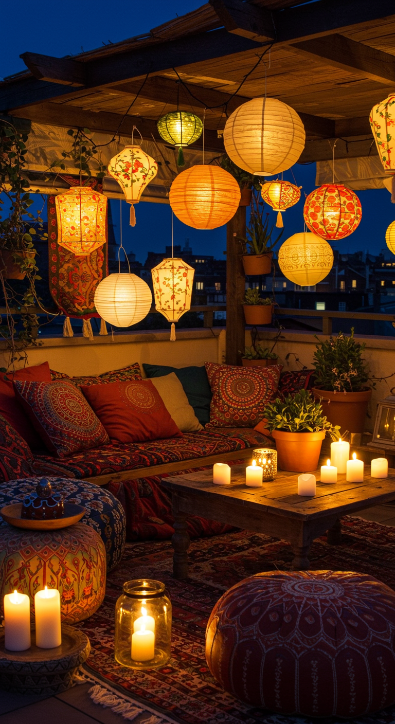 Bohemian balkon met gekleurde lampionnen, kussens en kaarsen.