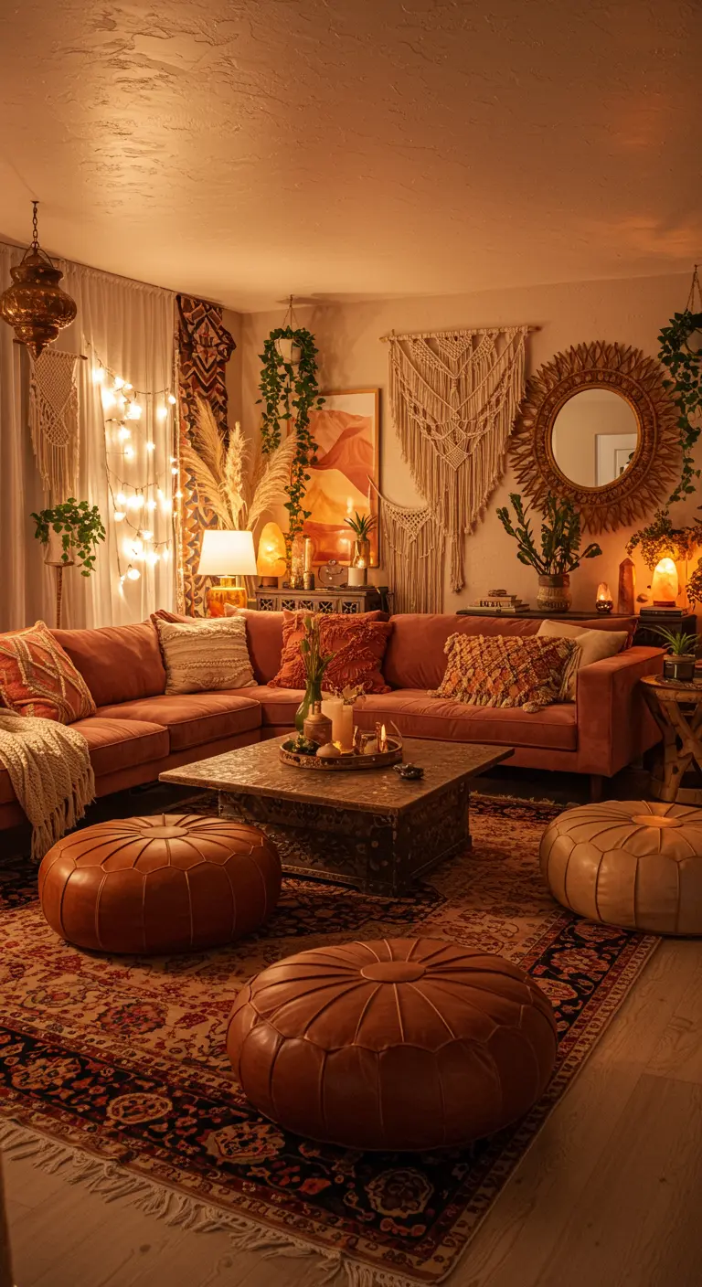 Boho woonkamer met roze-oranje bank, lichtslingers, macramé en veel kleden.