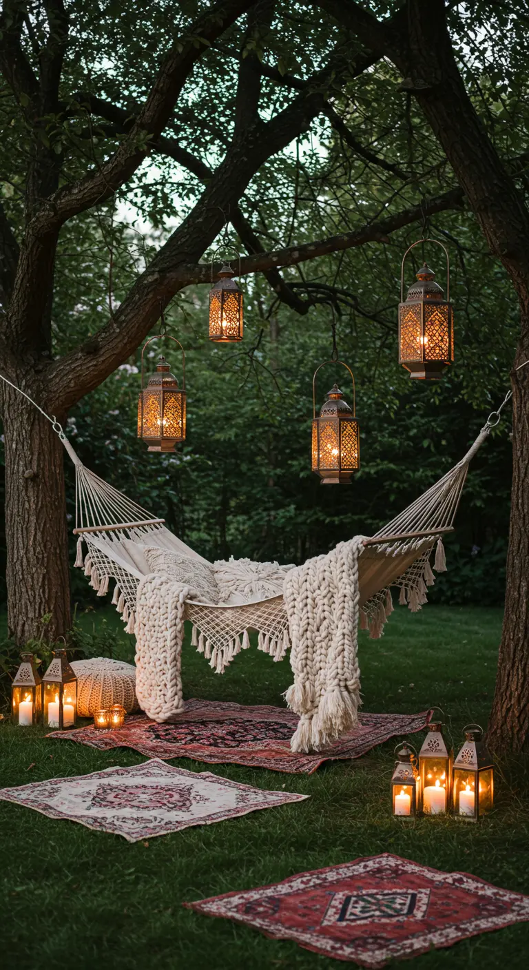 Duo-hangmat tussen bomen met lantaarns, kleden en kussens in boho-stijl.