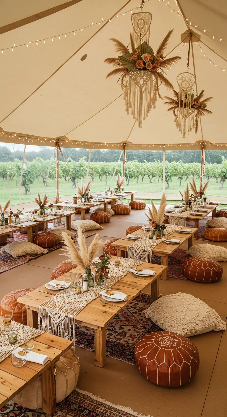 Bohemian tentreceptie met lage tafels, kussens, poefs, macramé en pampasgras.