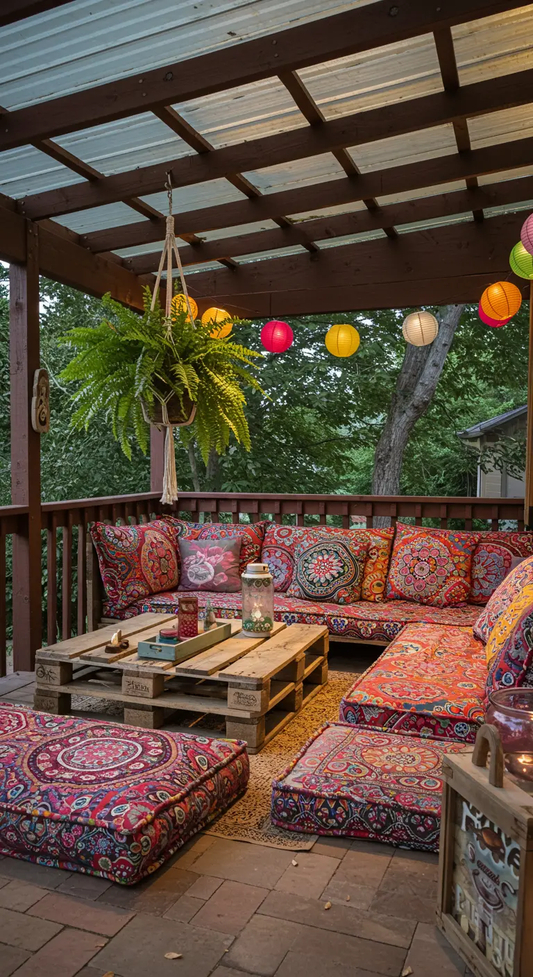 Bohemian zithoek op een veranda met palletbanken en kleurrijke kussens.