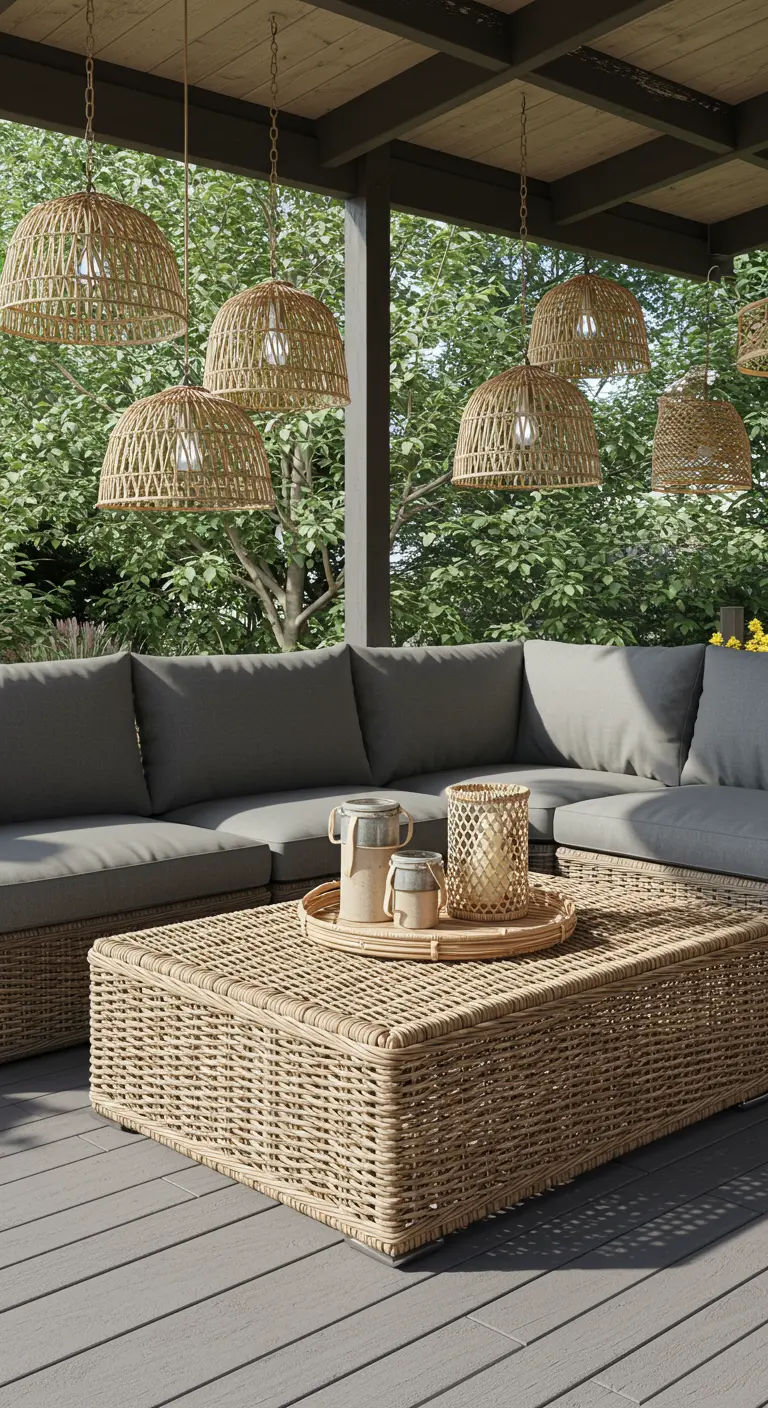 Groep hangende rotan lampenkappen boven een polyrotan loungehoek op een terras.