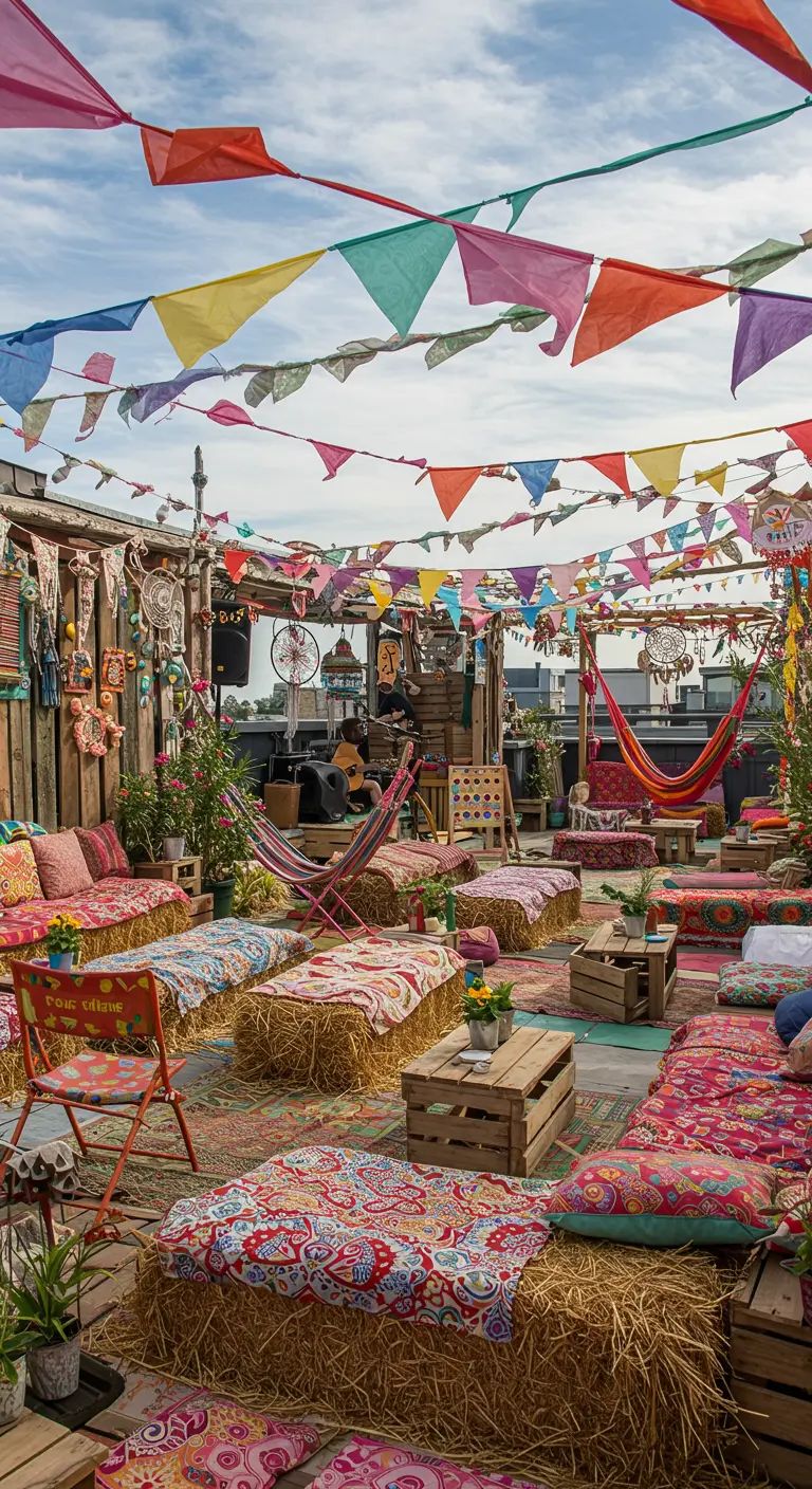 Dakterras met festivalthema, hooibalen, kleurrijke kleden en vlaggetjes.