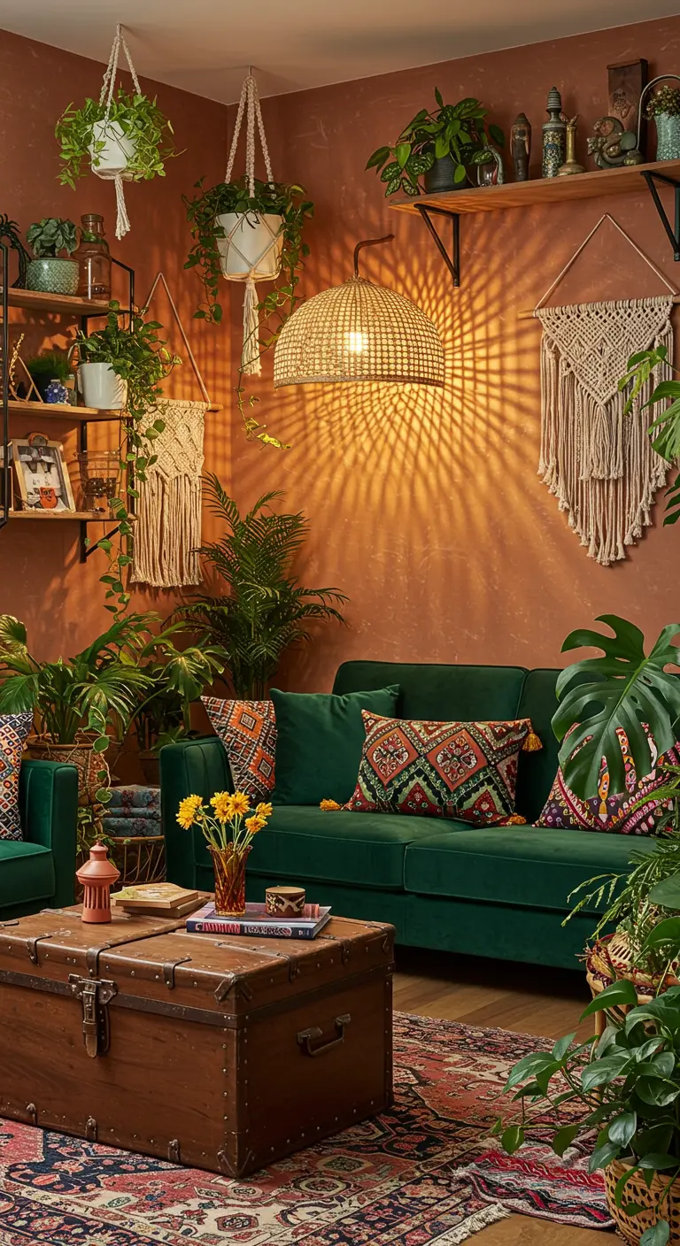 Bohemian woonkamer met terracotta muren, groene bank, en een grote rotan hanglamp als wandlamp.