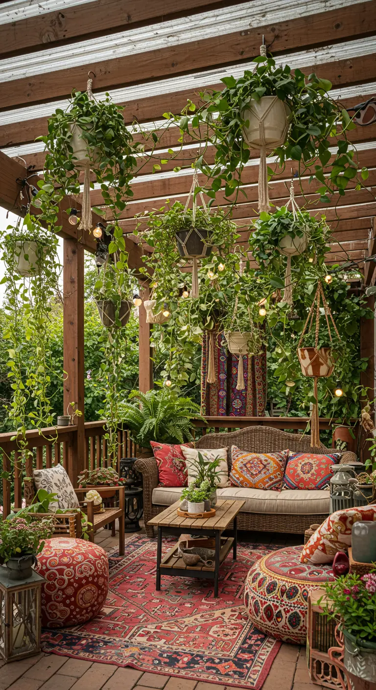 Bohemian veranda met veel hangende klimplanten, macramé hangers en kleurrijke kussens.
