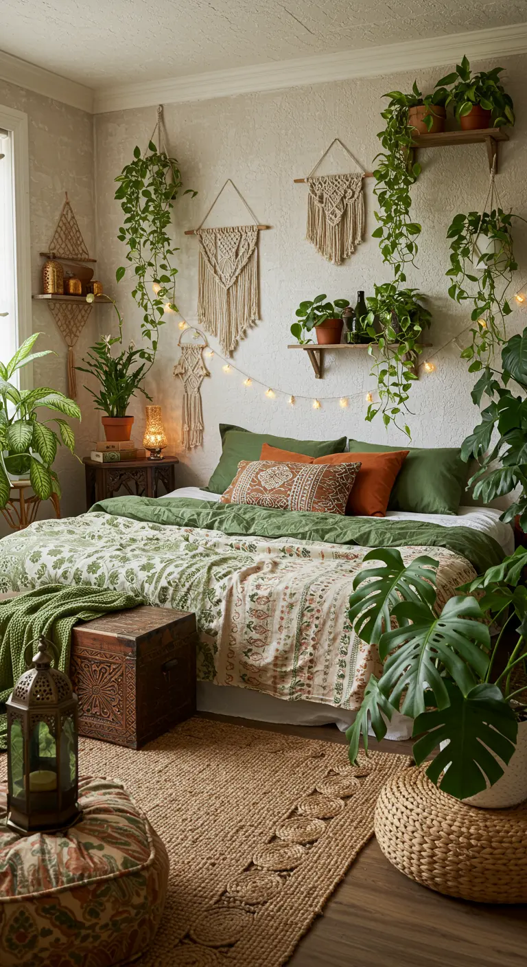 Boho slaapkamer met veel planten, macramé wanddecoratie, gedessineerd dekbed, houten kist.