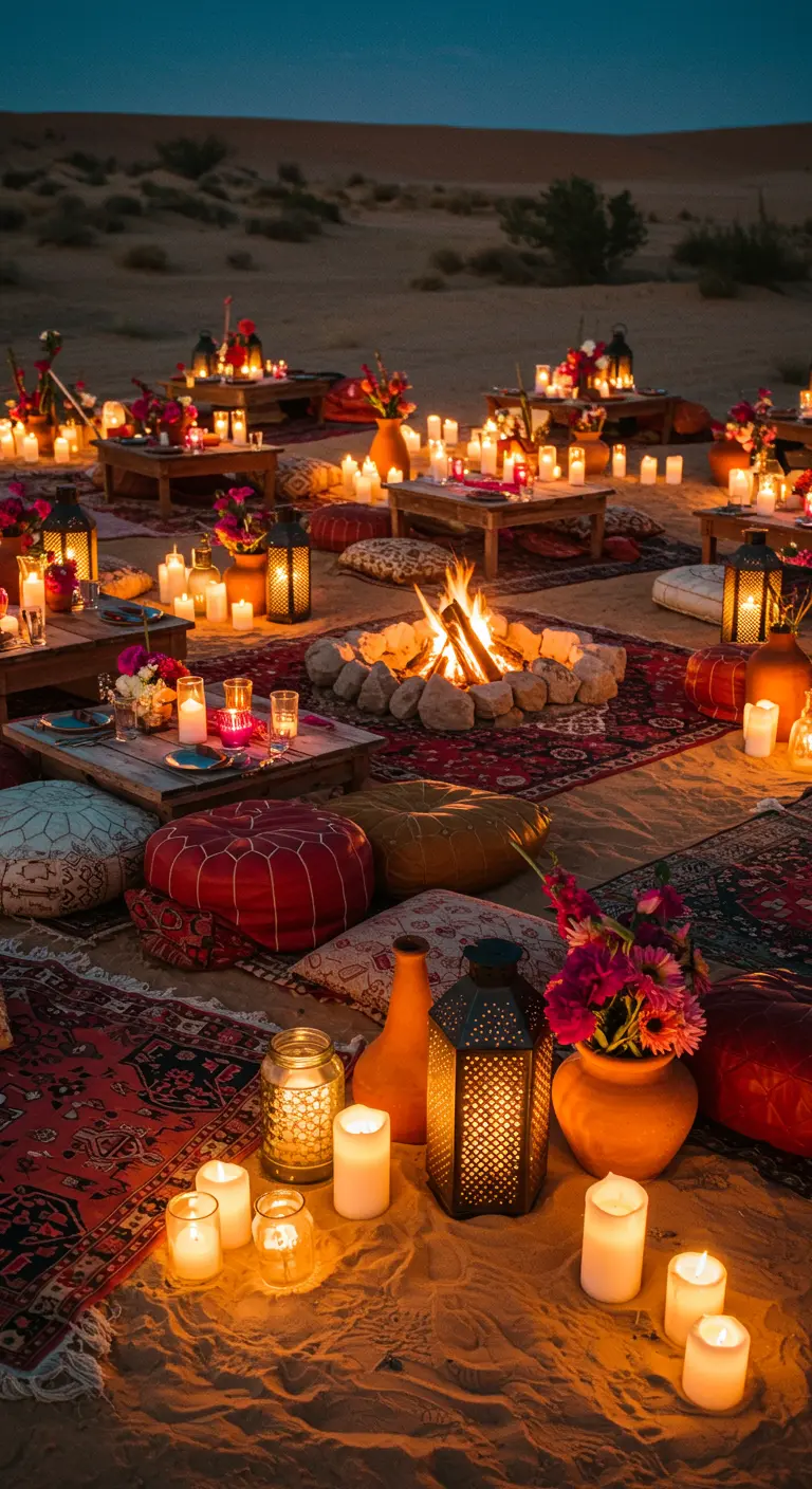 Bohemian lounge in woestijn met lage tafels, kussens, lantaarns, kaarsen en kampvuur.