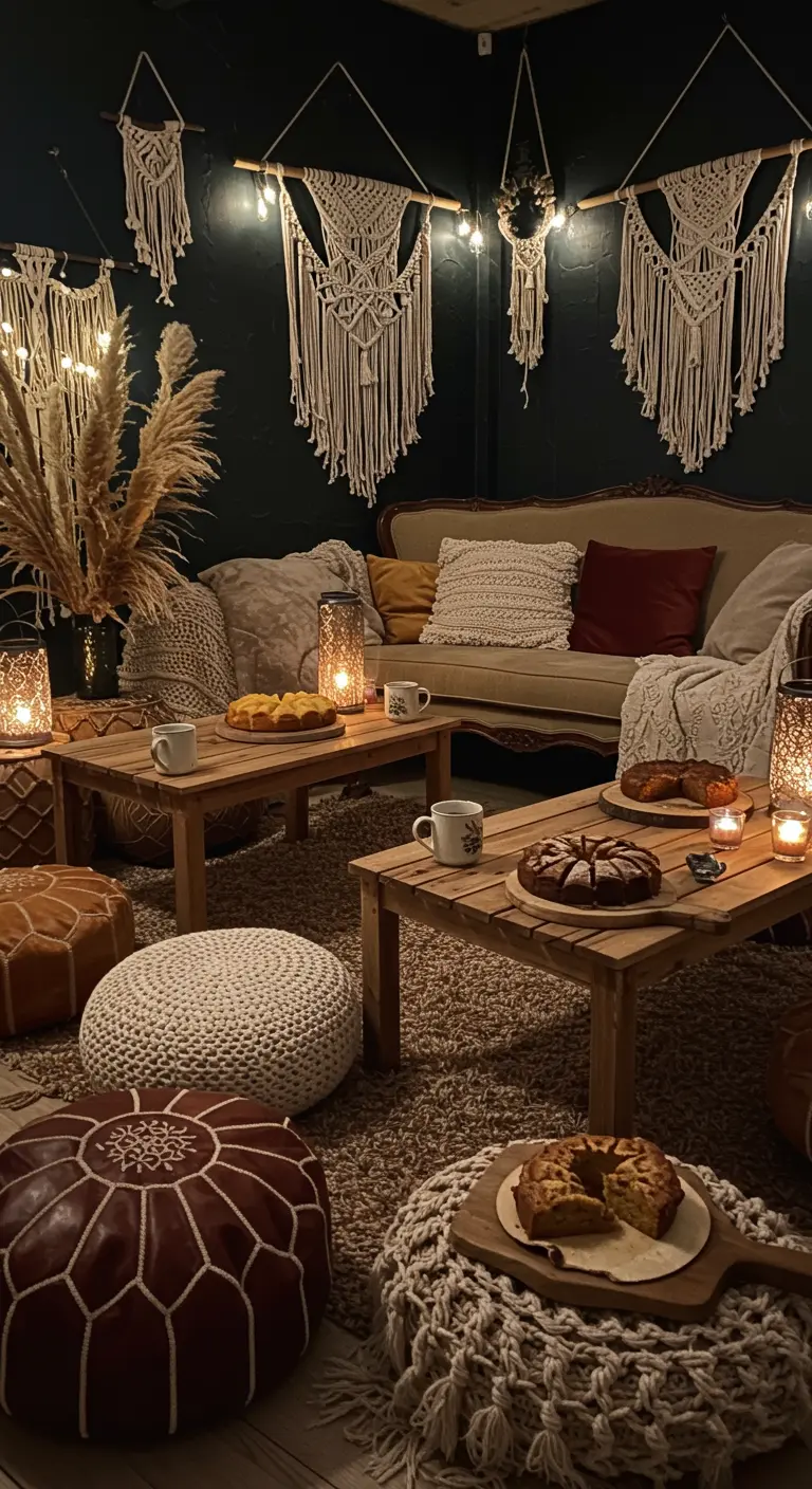 Bohemian woonkamer met lage tafels, poefs, macramé en cakes bij kaarslicht.