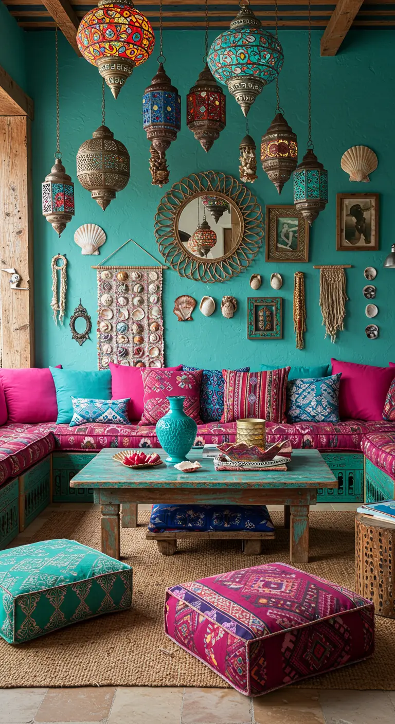 Levendige bohemian woonkamer met turquoise muren, kleurrijke lantaarns en schelpdecor.