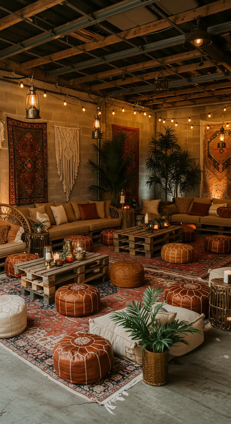 Boho lounge setting in garage met pallettafels, poefs, tapijten en sfeerlicht.