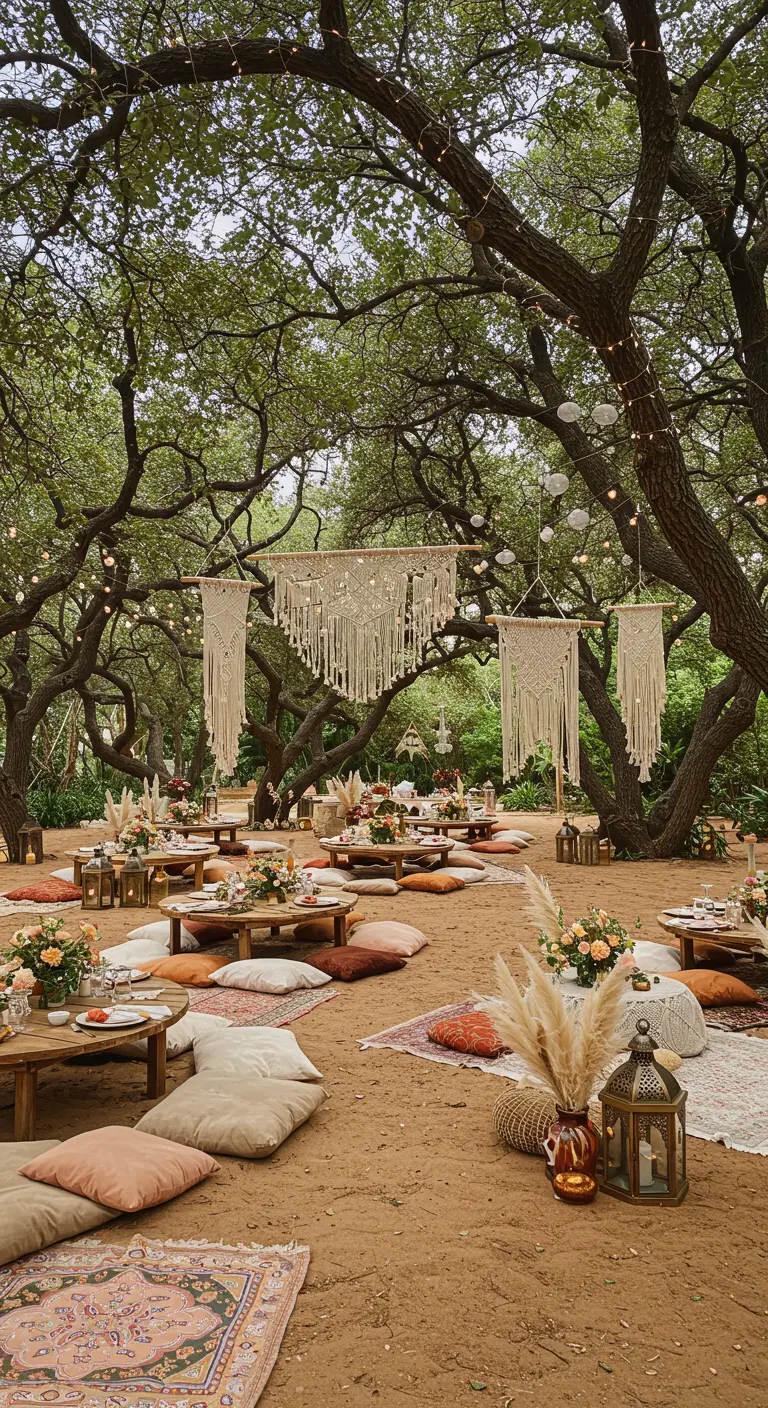 Bohemian trouwlocatie buiten met lage tafels, kussens, macramé en lichtsnoeren tussen bomen.