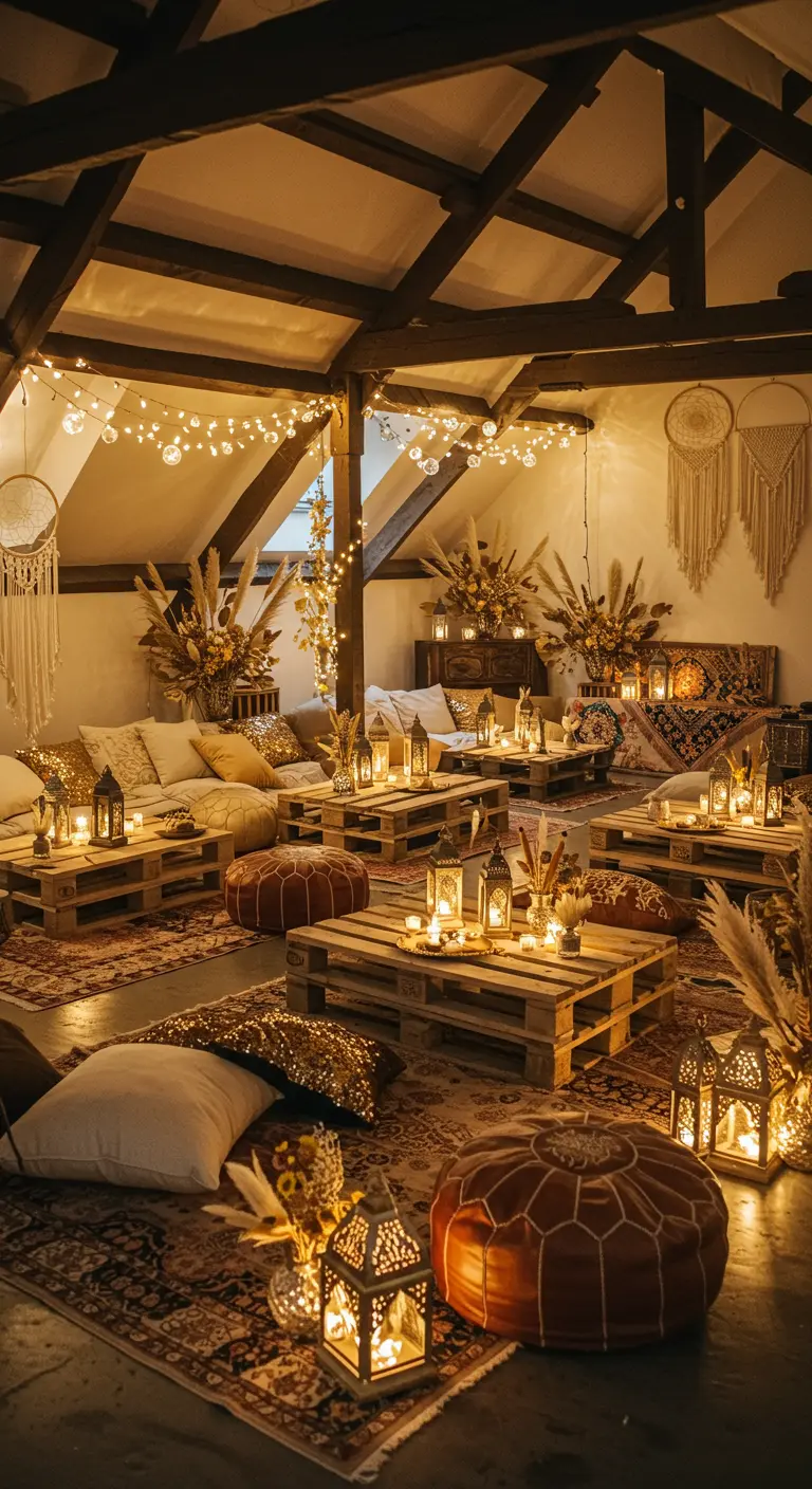 Bohemian lounge met pallettuintafels, vloerkussens, oosterse lantaarns en lichtslingers.