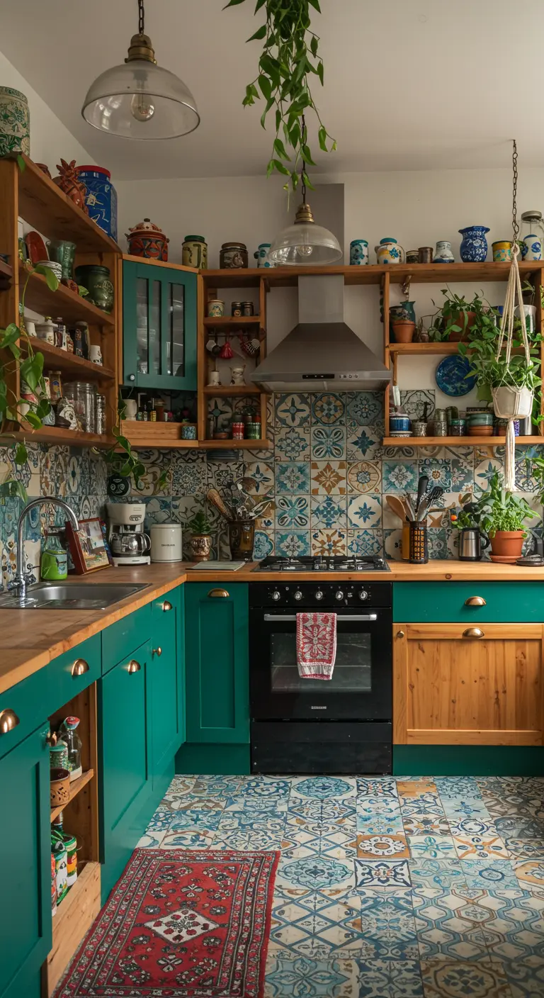 Eclectische matte petrolgroene keuken met patroontegels en open planken.