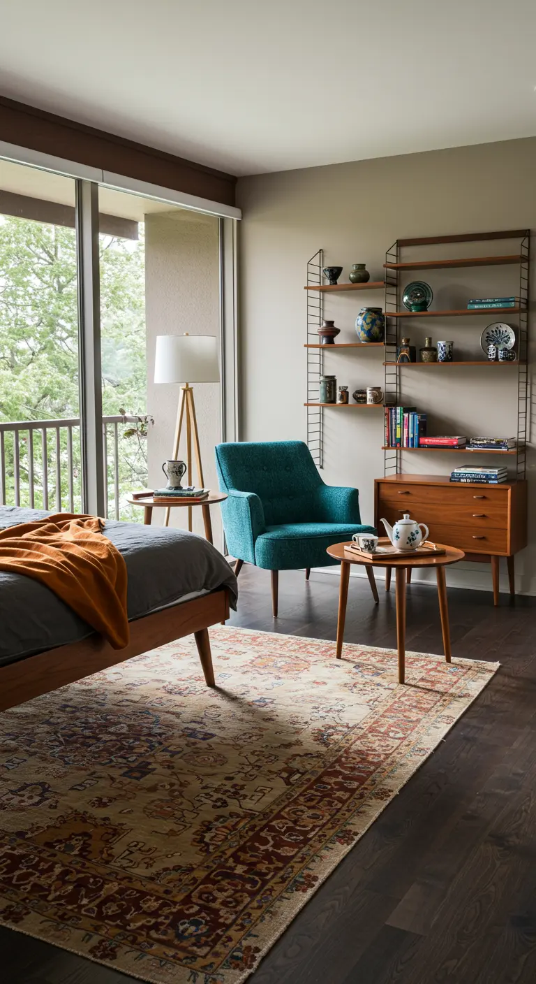 Slaapkamer met walnoothouten bed, petrolblauwe fauteuil, String kast en klassiek vloerkleed.