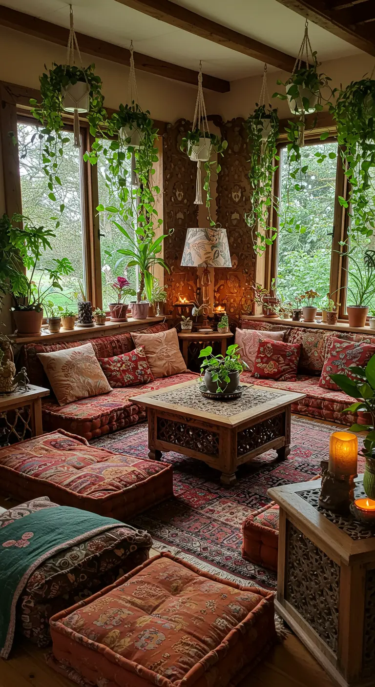 Bohemian woonkamer met lage zitkussens, veel patronen, en overvloedige hangplanten.