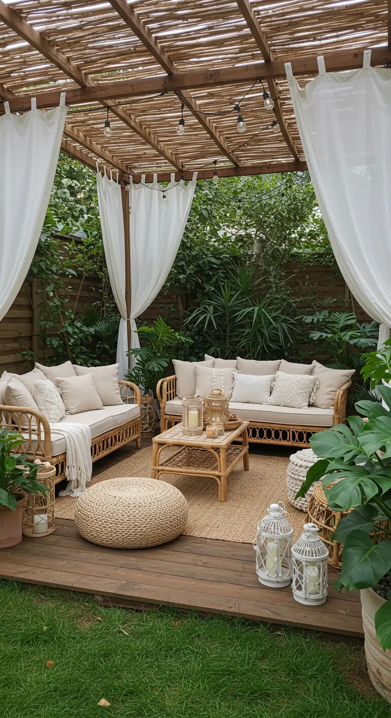 Bohemian loungeplek met bamboe pergola, witte gordijnen, rotan meubels en veel planten.