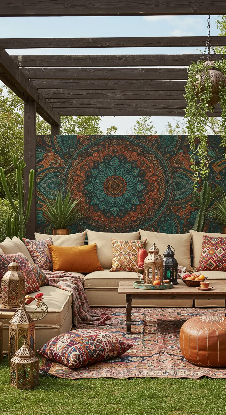 Boho patio met mandala buitenbehang, loungebank, kleurrijke kussens en lantaarns.