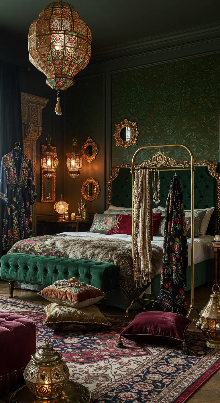 Bohemian luxe slaapkamer met donkergroene muren, gouden kledingrek en Marokkaanse lantaarns.