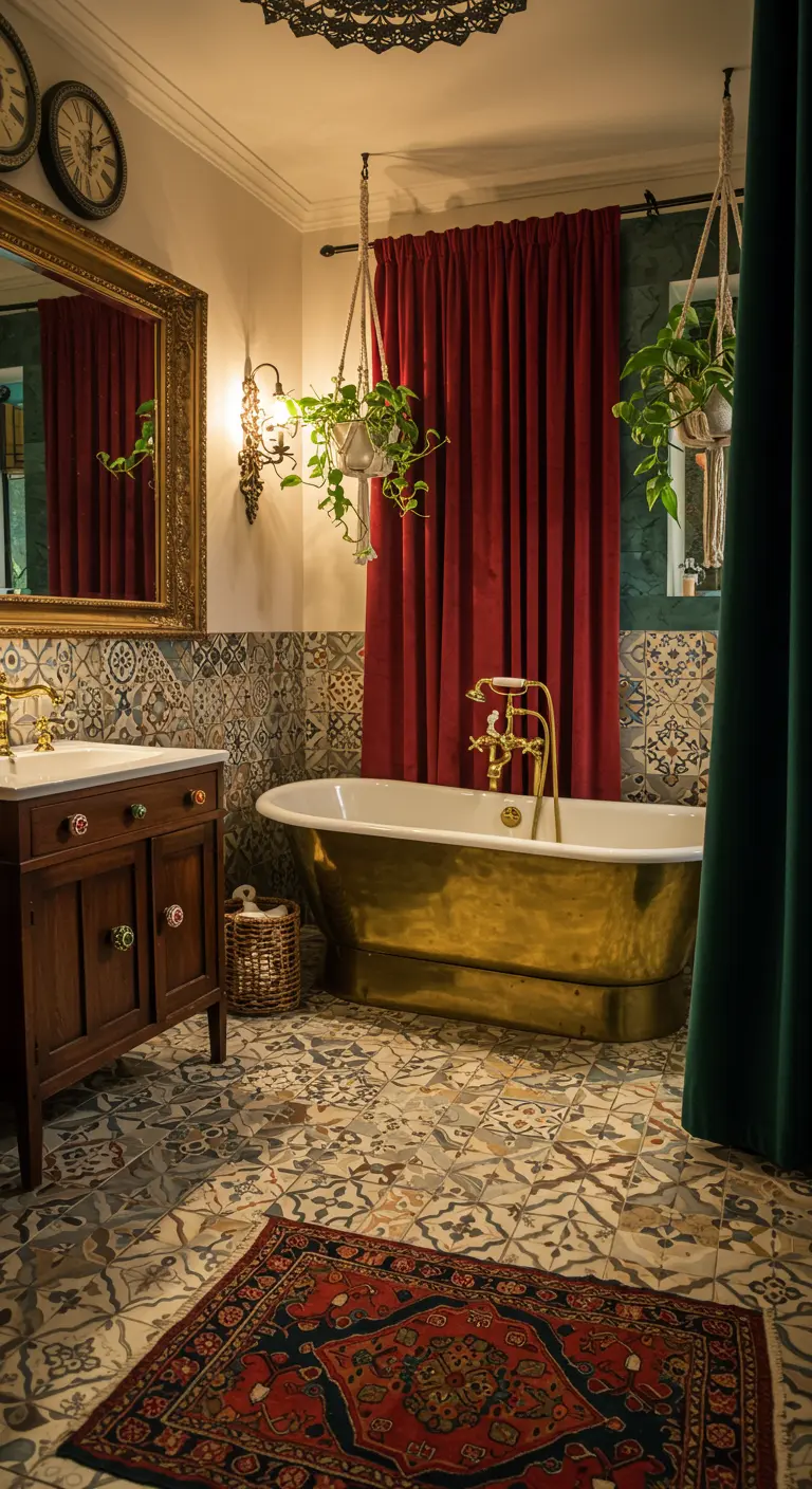 Bohemian badkamer met kleurrijke tegels, vintage meubels, planten en een gouden badkuip.