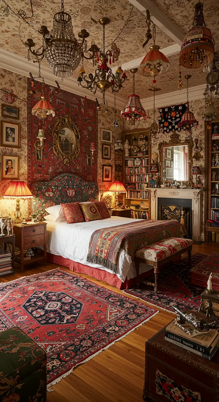 Eclectische bohemian slaapkamer met een overvloed aan verschillende lampen, kleuren en patronen.