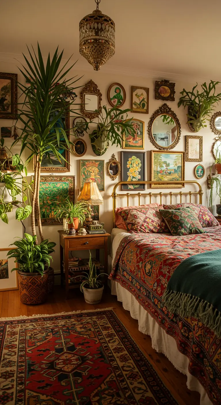 Bohemian slaapkamer met een gallery wall, veel planten in diverse potten en kleurrijk textiel.