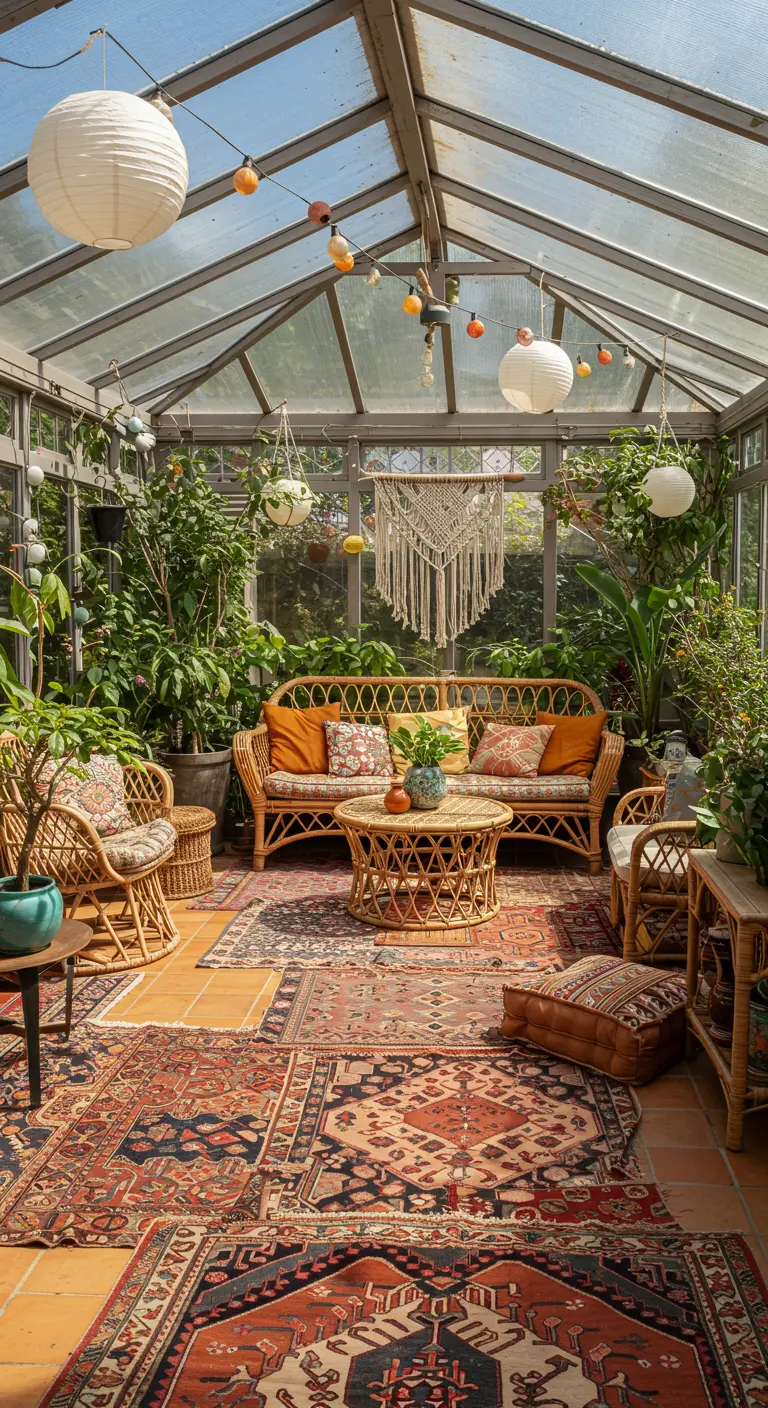 Bohemian serre met rotan meubels, veel planten, Perzische tapijten en lampionnen.