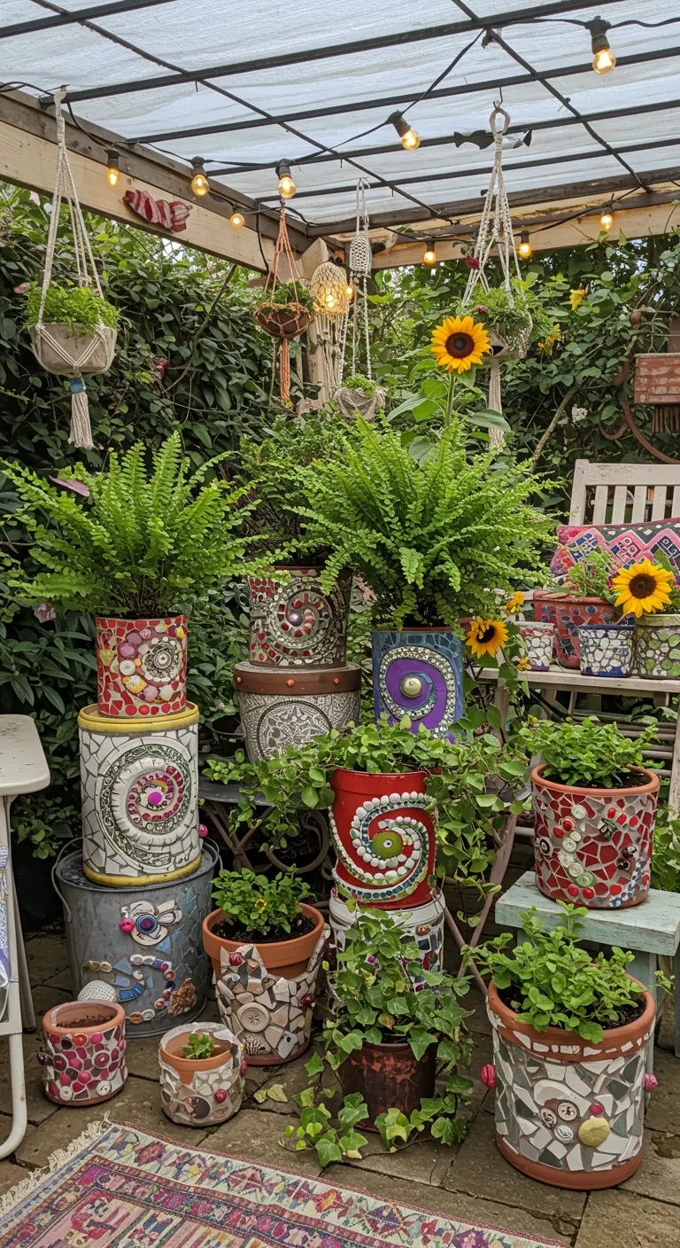 Verzameling van kleurrijk gemozaïekte bloempotten met diverse planten in een boho-stijl tuin.