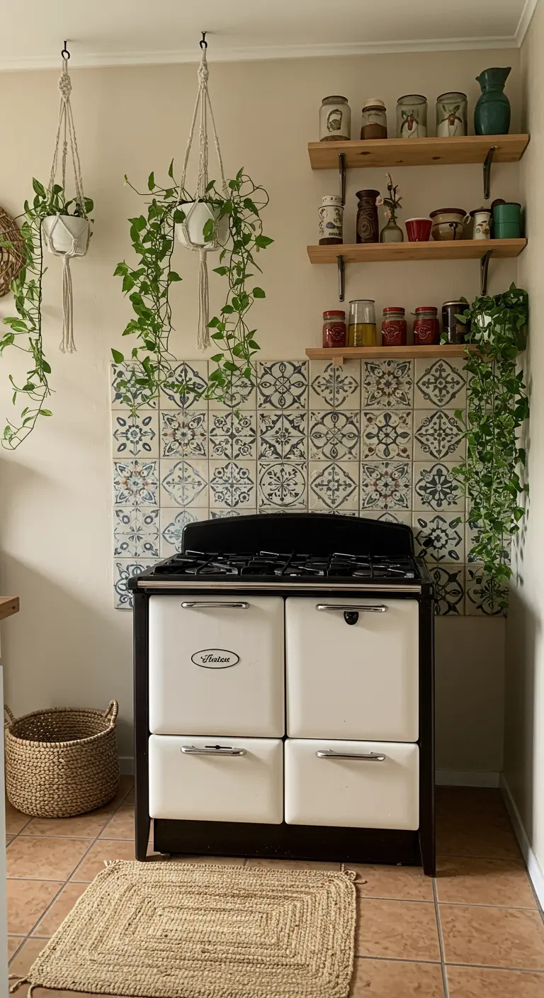Witte retro oven met bohemian styling: patroontegels, hangplanten in macramé.