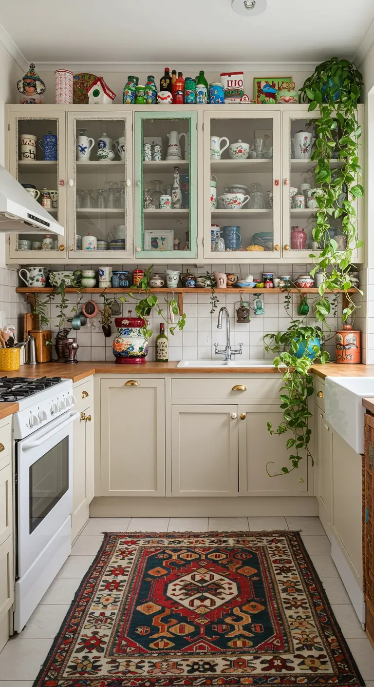 Eclectische keuken met crèmekleurige glazen kasten vol kleurrijk servies en planten.