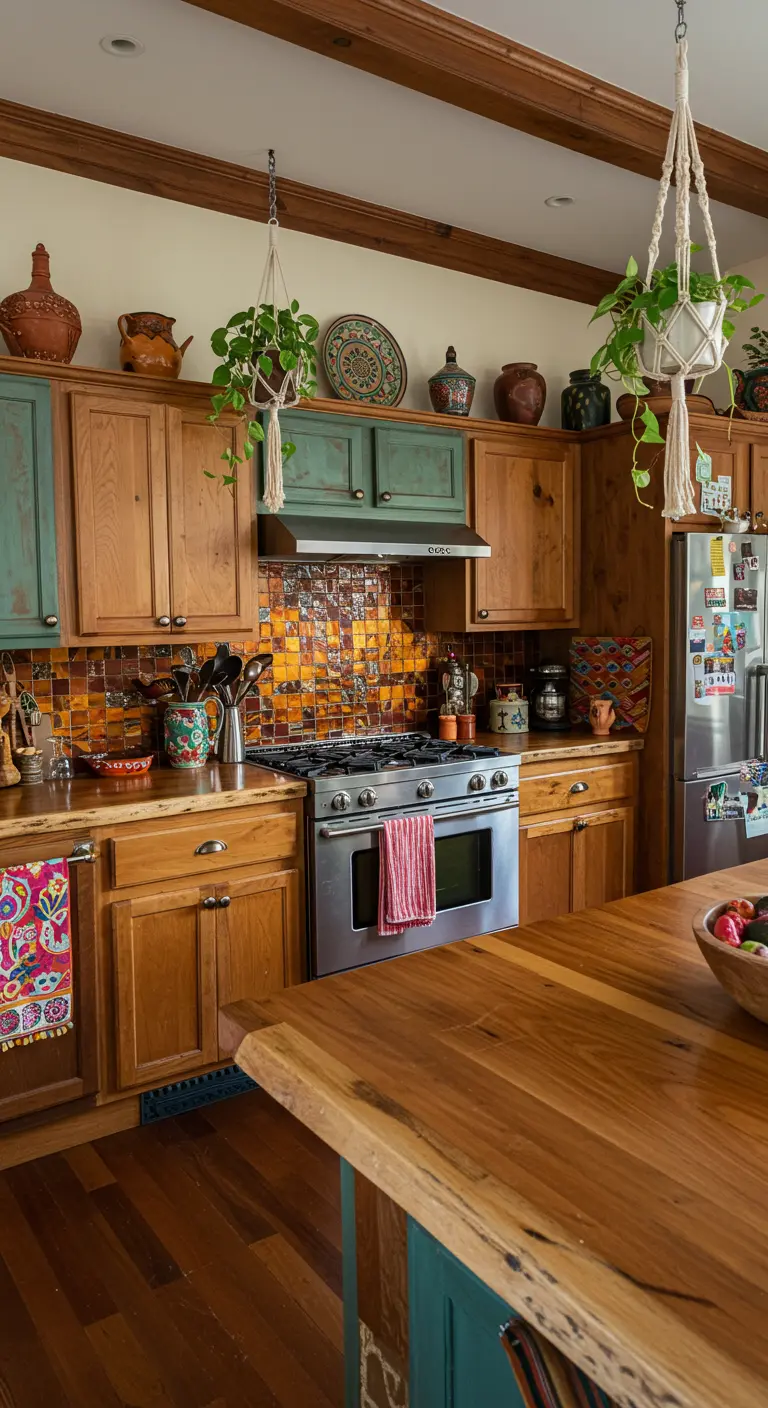 Bohemian keuken met houten kasten en een kleurrijke, glanzende achterwand met oranje en gele patronen.