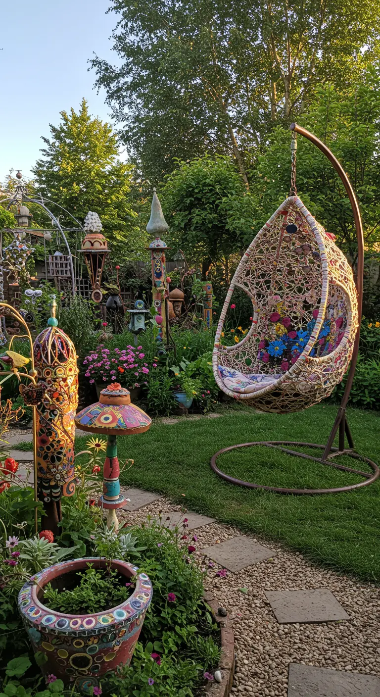 Rotan hangstoel met kleurrijke kussens en mozaïekdetails in een bonte tuin.