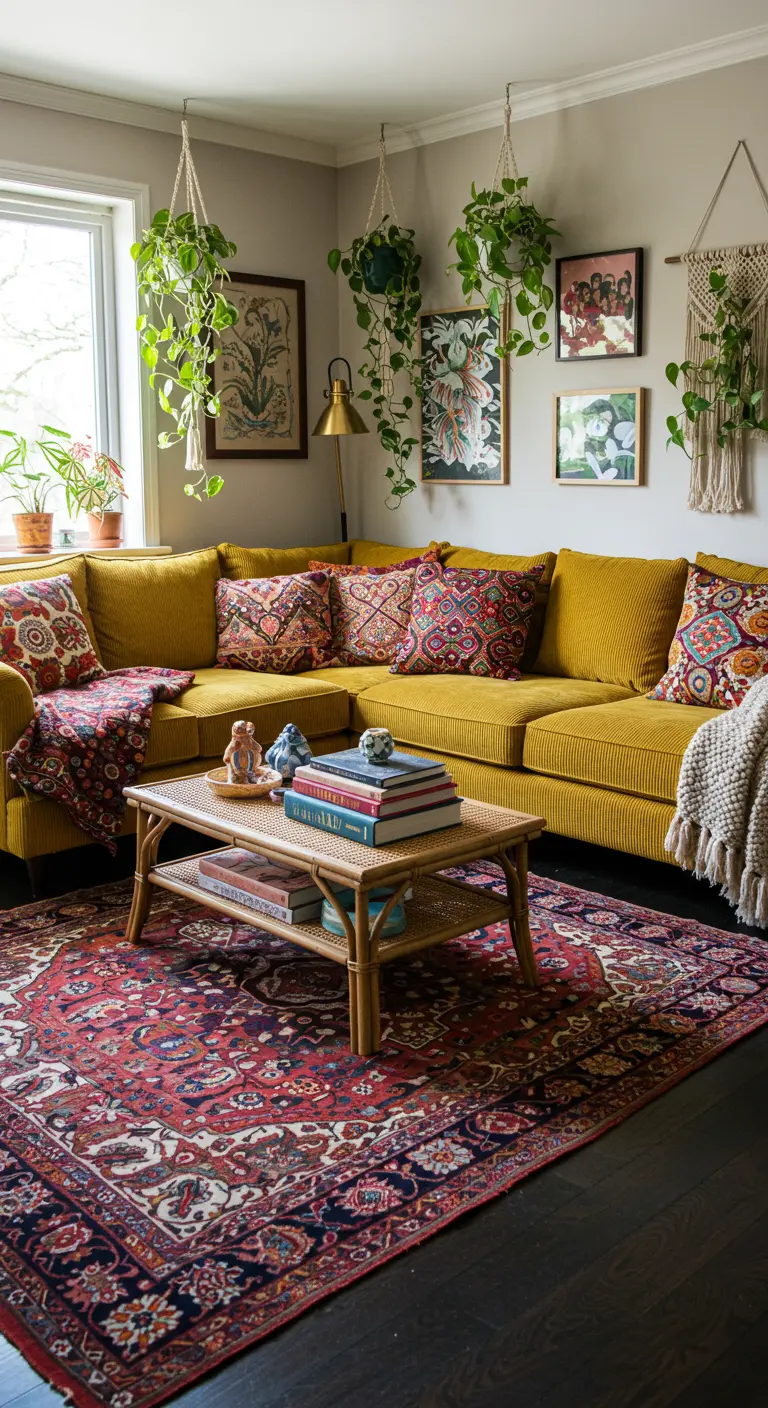 Gele corduroy hoekbank in bohemian stijl met veel planten en kleurrijke kussens.