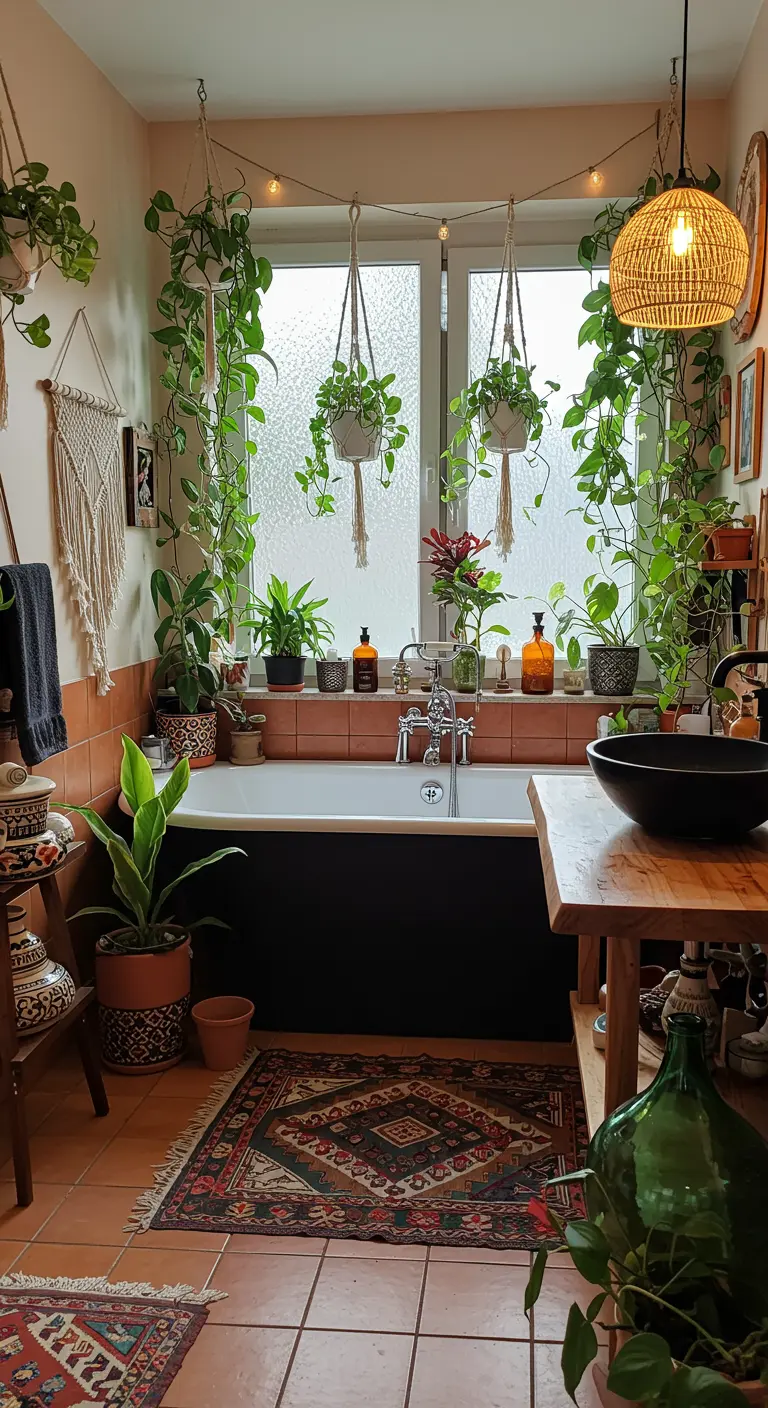 Bohemian badkamer met zwart bad, veel planten, terracotta en rotan accenten.