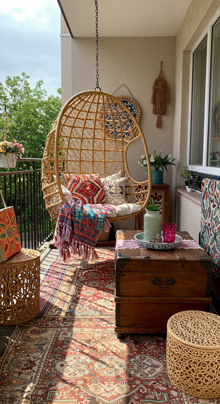 Boho-stijl balkon met rotan hangstoel, kleurrijke kleden en kussens, en een houten kist als tafel.