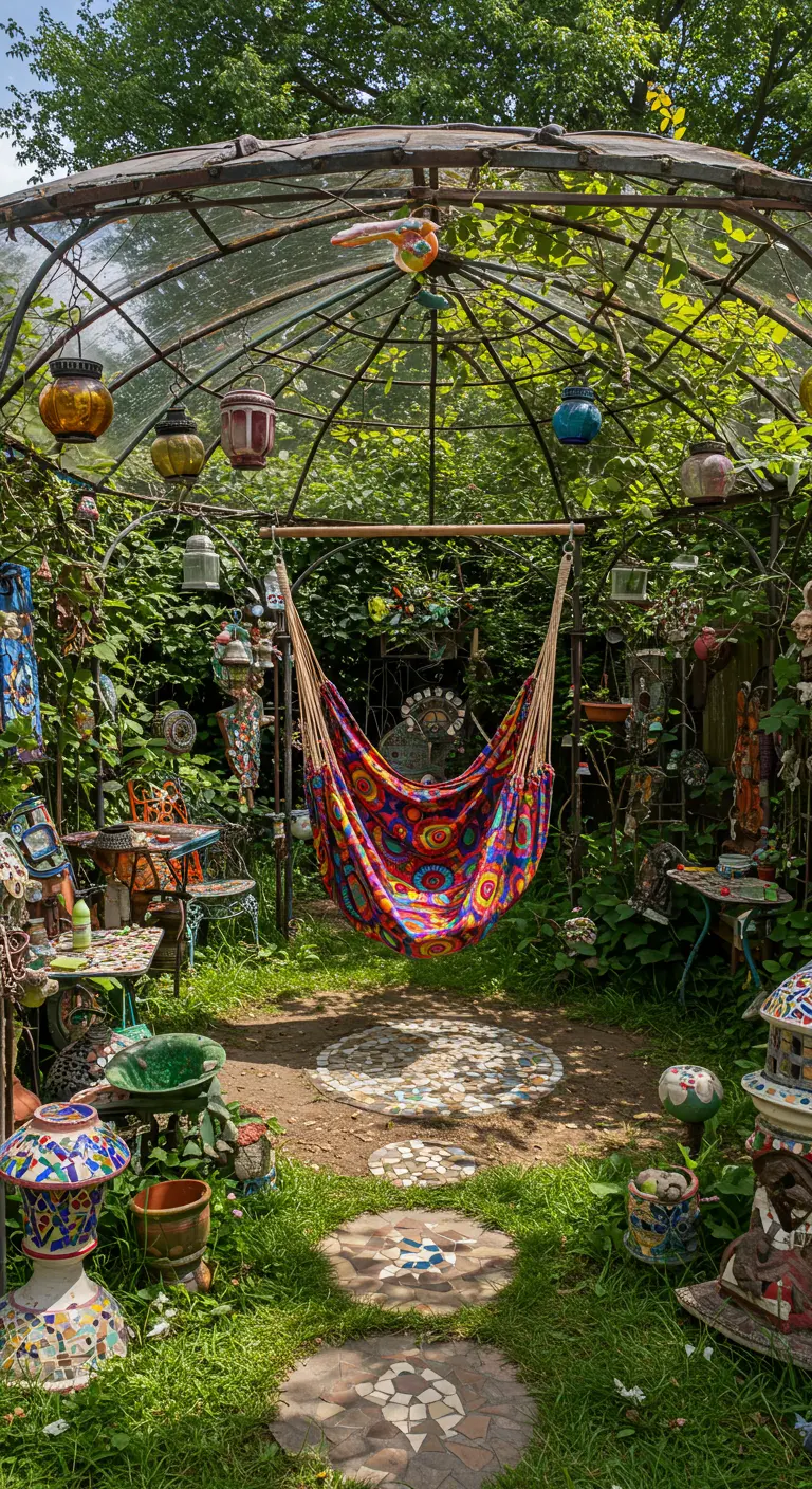 Kleurrijke hangmat in een metalen tuinpaviljoen vol met boho decoraties en planten.