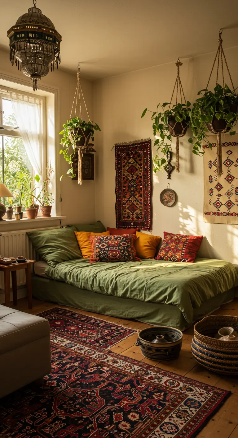 Bohemian zithoek met daybed, kelims en hangplanten, centraal in de kamer.