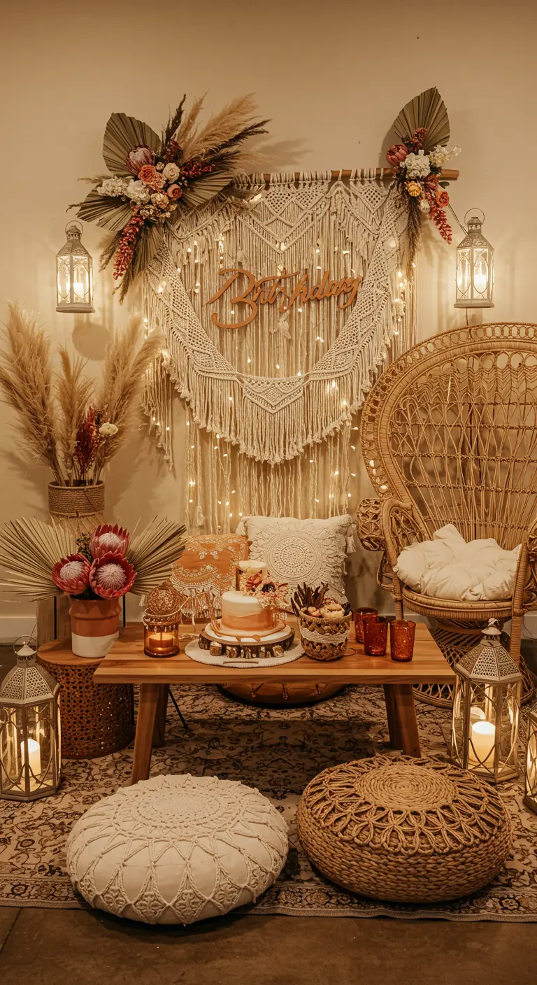 Boho verjaardagssetting met macramé, droogbloemen, lantaarns en lage zitjes.