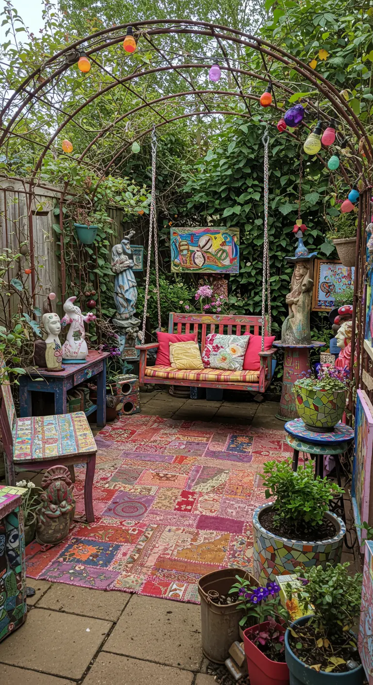 Kleurrijke schommelbank in een creatieve tuin met een patchwork kleed, lampionnen en mozaïek.