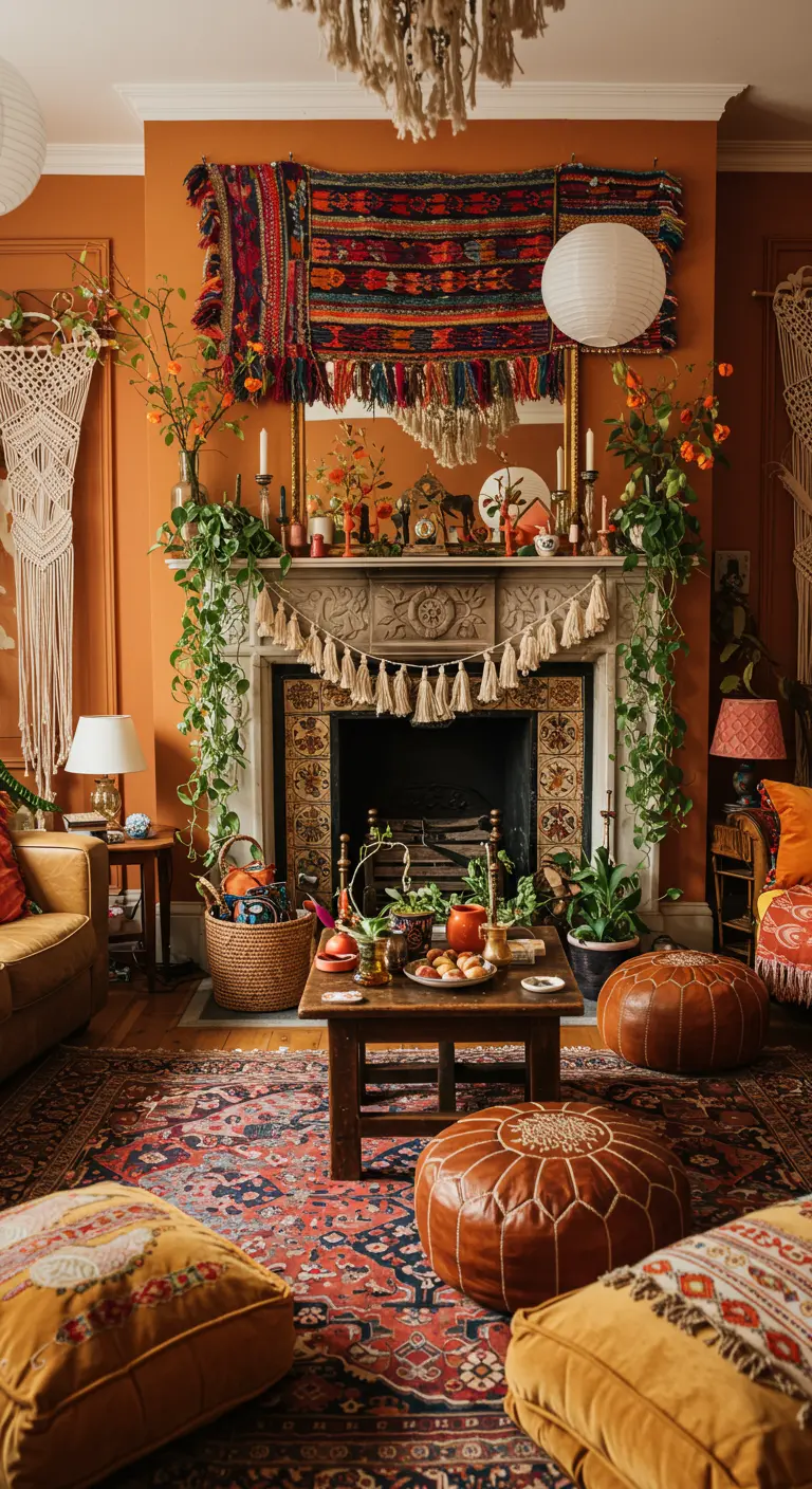 Kleurrijke, bohemian open haard met wandkleden, planten en etnische decoraties.