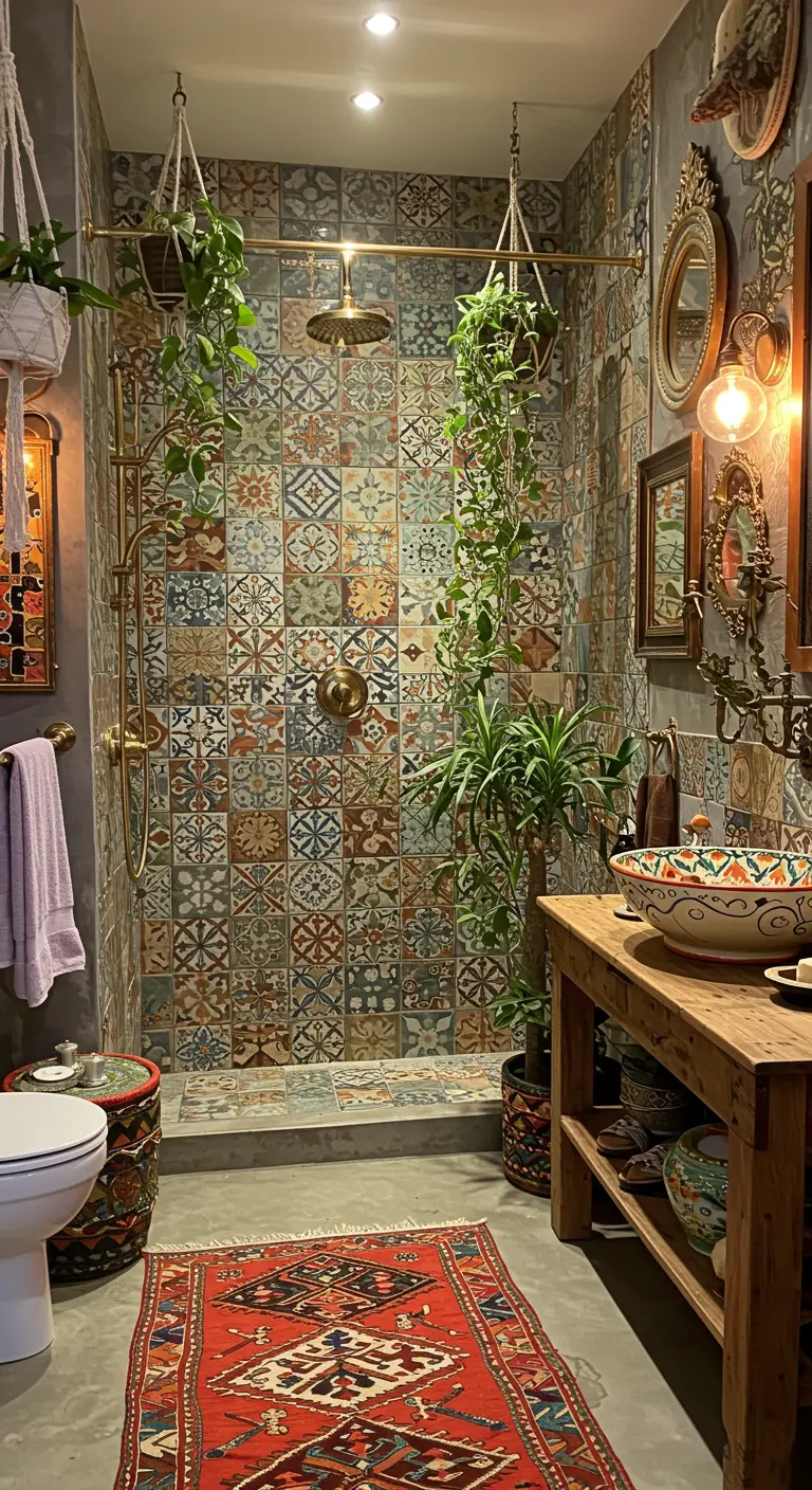 Bohemian douche met diverse patroontegels, hangplanten en vintage spiegels.