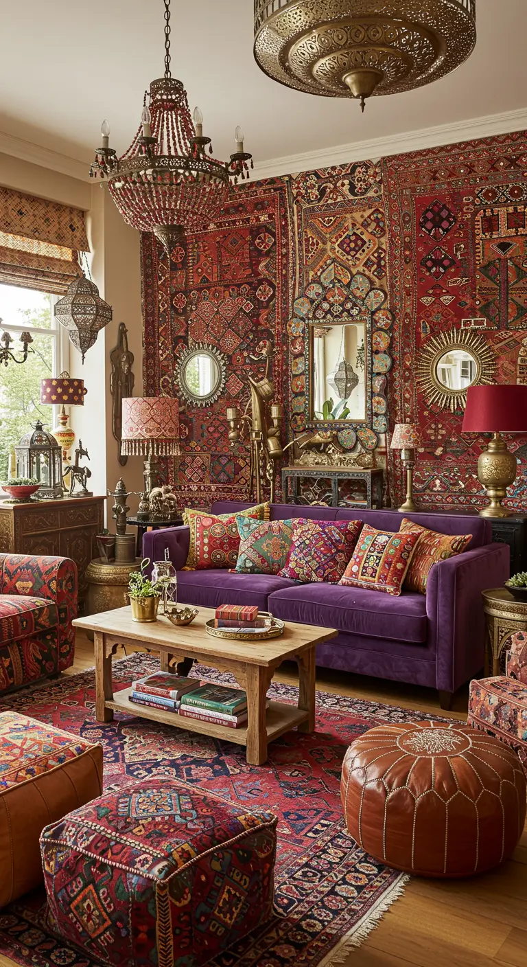 Bohemian woonkamer met veel kleurrijke tapijten, patronen en een paarse bank.