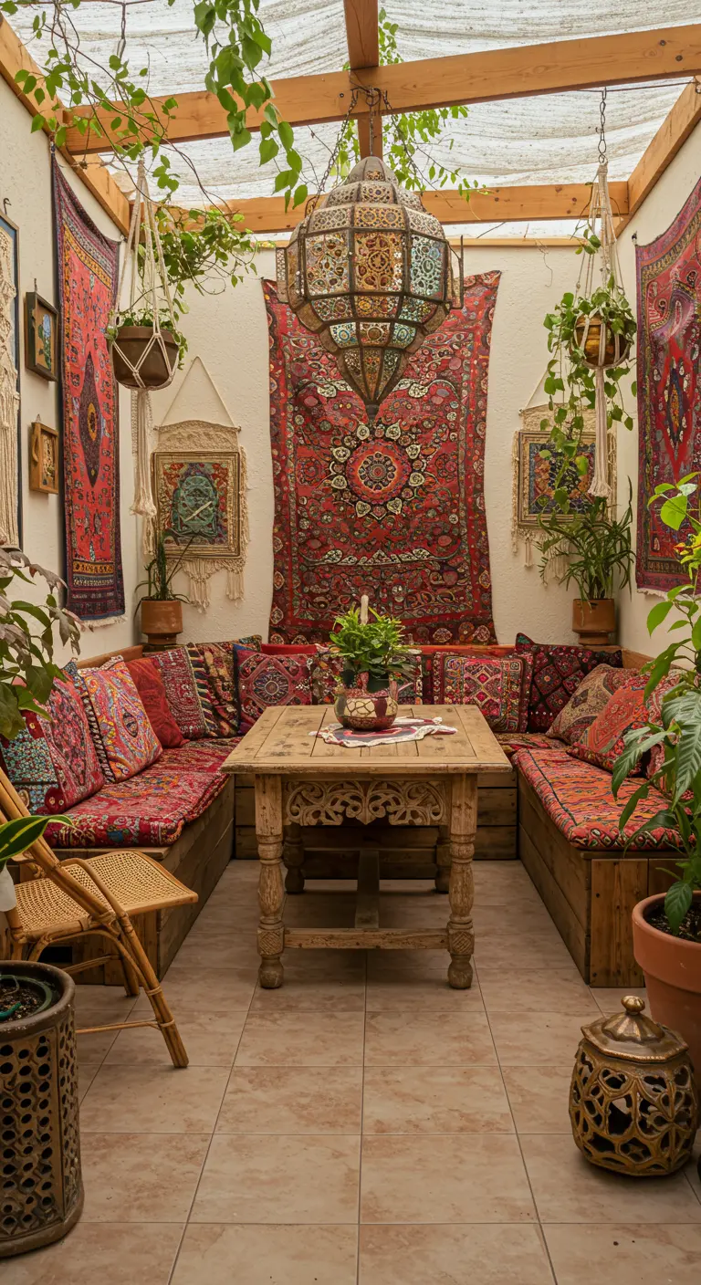 Bohemian eethoek met kleurrijke kussens, wandkleden, planten en oosterse lantaarn.
