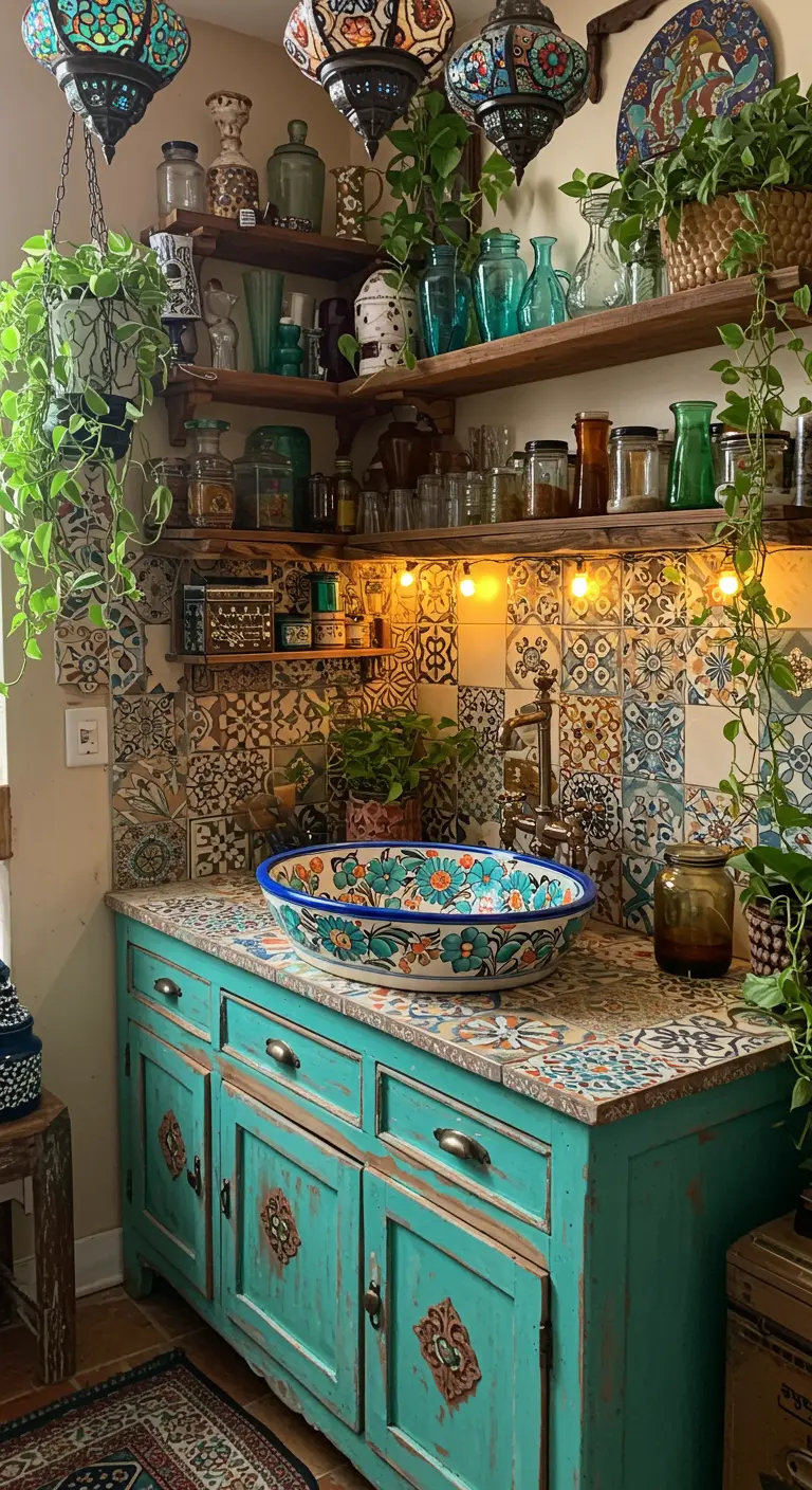 Bohemian keuken met turquoise kastjes, bonte tegels en een kleurrijke, beschilderde spoelbak.