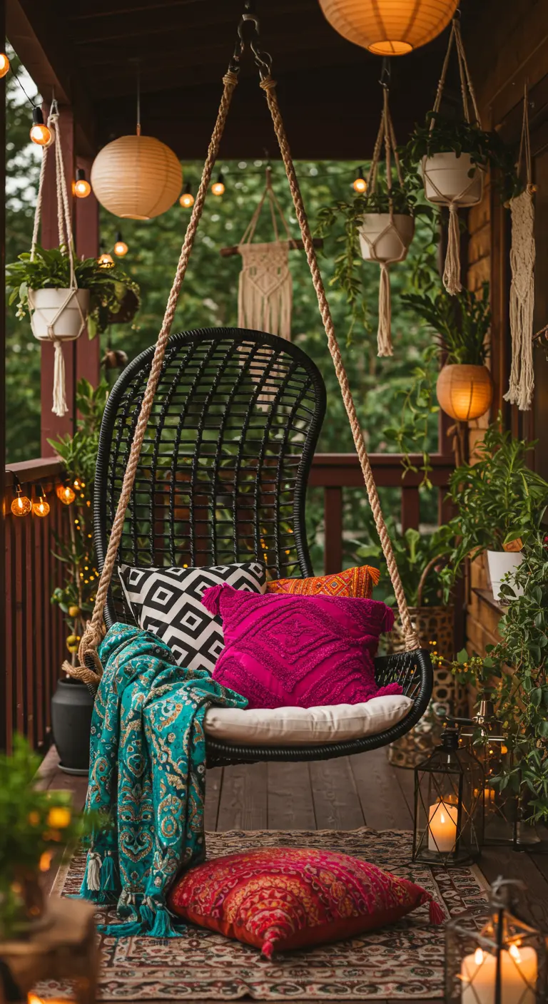 Zwarte hangstoel met felroze en grafische kussens, turquoise plaid, in een boho setting met planten.