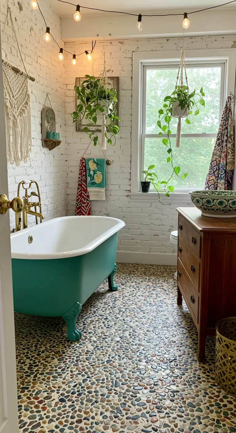 Boho badkamer met kleurrijke kiezelvloer, turquoise bad en witte bakstenen muur.