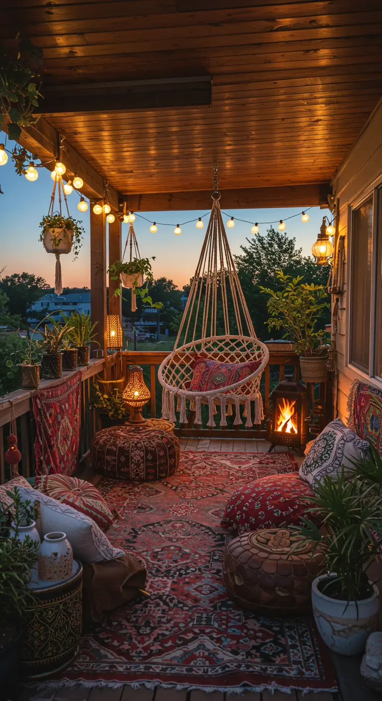 Bohemian veranda met macramé hangstoel, lichtsnoer, tapijten, kussens, planten en een kleine vuurkorf.